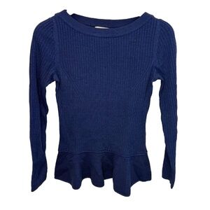 Tory Burch Ramona Merino Wool Peplum Ribbed Sweater Wide Neck Large Blue Small
